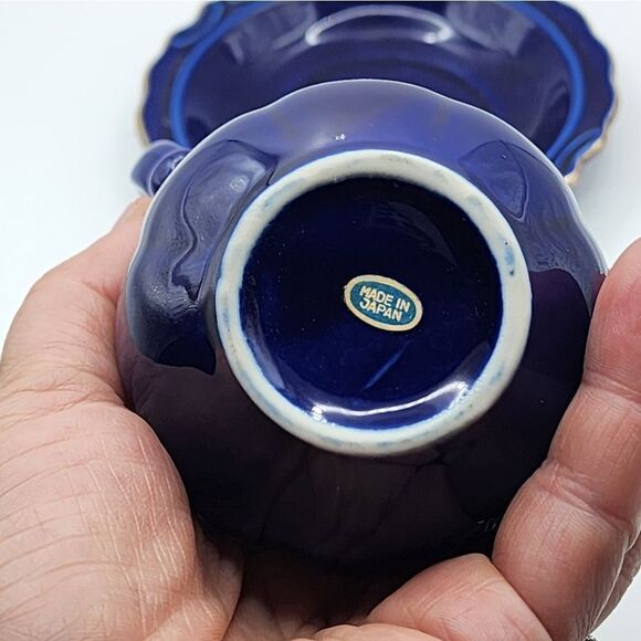 Vintage Mini Cobalt Blue Pitcher and Bowl Set Japan Floral Peacock Pattern - Picture 2 of 6